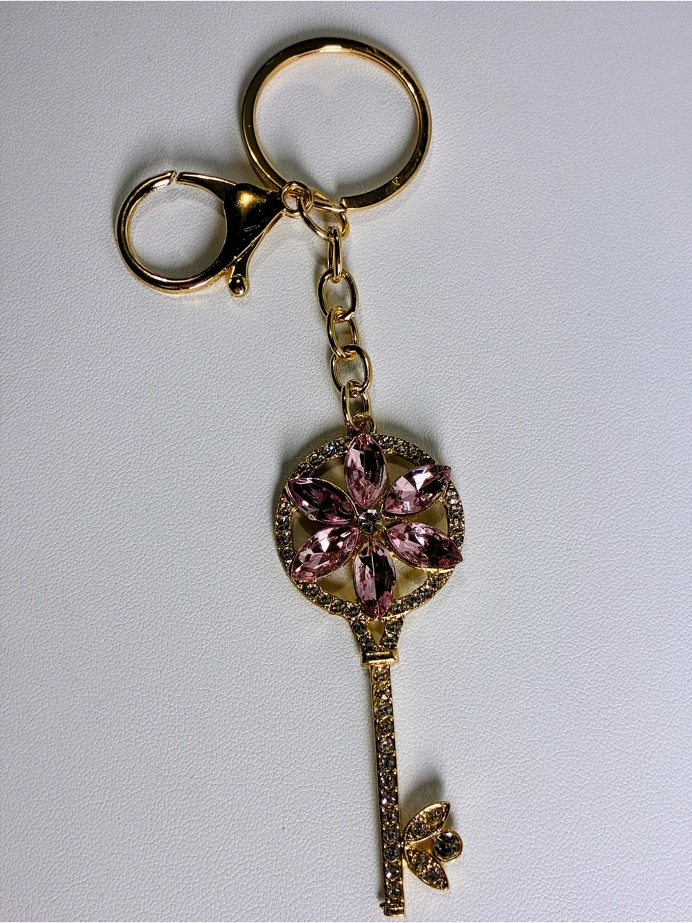 Gold Key Keychain with Pink Crystal Flower Charm New Without Tags